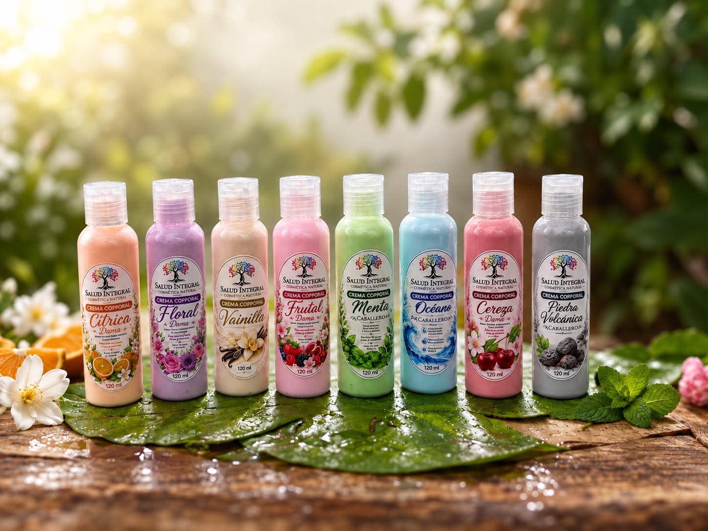 Los ocho aromas de Salud Integral: Cítrica, Floral, Vainilla, Frutal, Menta, Océano, Cereza y Piedra Volcánica, en presentación de 120 ml